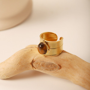 French Retro Style Natural Stone Wide Opening <b>Ring</b> For Women 18k Gold Plated <b>Titanium</b> Steel Niche Jewelry - Product Image 3