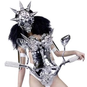 Future Nightclub Performance Armor Girl Space Dance Costume Avec Miroir Doré Lumière LED Pointes Métalliques <span class=keywords><strong>GOGO</strong></span> pour Adultes - Product Image 1