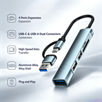 Matériel en alliage d'aluminium, hub USB à double connecteur, 5 ports avec un port USB3.0, deux ports USB2.0, lecteur de cartes SD, TF