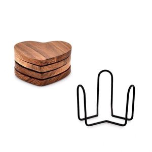 Acacia Wooden Coaster Set of 4 Pieces with Holder Reusable Heart Shape <b>Table</b> Mats Pads Coffee Tea Drinks Cup Pad <b>Placemats</b> - Product Image 4