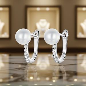 Boucles d'oreilles en or blanc plaqué E3046 avec perles et diamants naturels taille brillant rond, bijoux de style classique pour femmes, pour mariage - Product Image 2