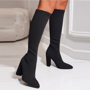 2025 Knee High Heels Pointy Sexy Stretch Fabric Knitted Chunky Heel Long <b>Boots</b> for Women - Product Image 4