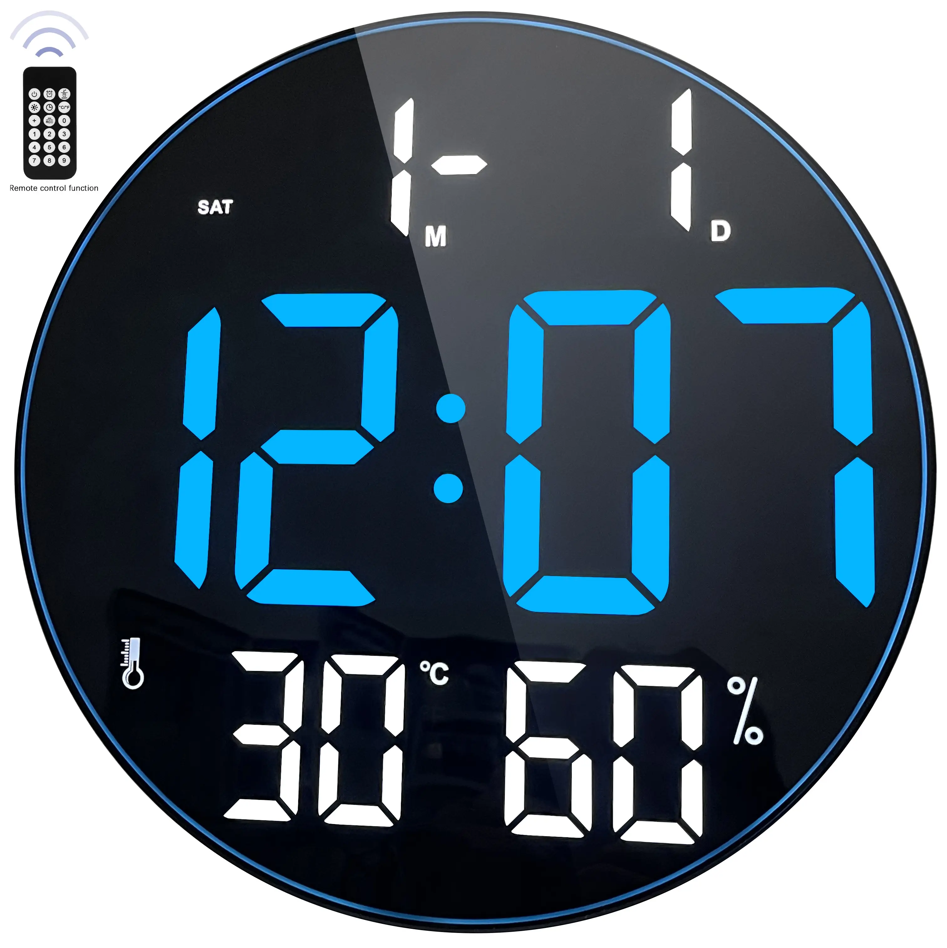 شاشة LCD ديكور منزلي ، ساعة حائط مستديرة بدرجة حرارة 12 بوصة ساعة رقمية مخصصة مع أسبوع تقويمي