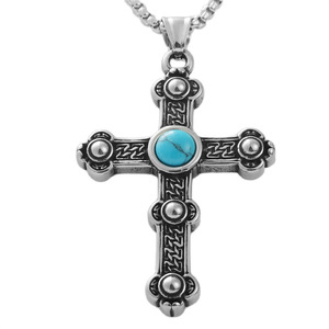 <b>Cross</b> Pendant Necklace Stainless Steel Turquoise Inlay Men's Fashion Jewelry Gift Geometric Design Bezel Setting 120172 - Product Image 1