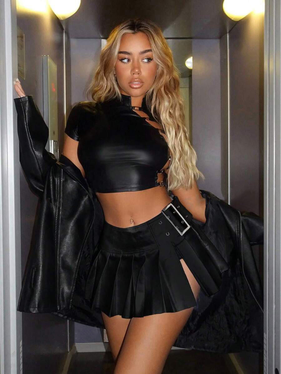 2025 New Solid Color A-line Pleated Skirt Pu Leather Skirt Sexy
