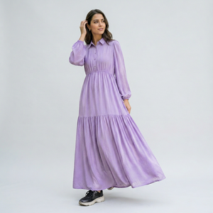 เดรสยาวสีม่วงพาสเทลสำหรับผู้หญิง - เดรสแขนยาวผ้าฝ้ายทรงชั้นๆ สไตล์ลำลอง โบโฮ เหมาะสำหรับใส่ไปเที่ยวพักผ่อน - Product Image 1