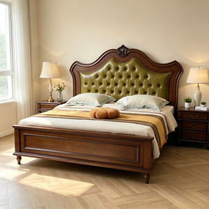 New Arrival Floral Carved Top Tufted Green Leather Upholstered Solid Wood Bed with 3 Drawer Nightstand - Product Image 1