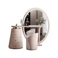 Champagner-Beige Marmor-Waschtisch-Set mit LED-Beleuchtung, Großem Ovalem Spiegel, 3-Schubladen-Schrank und Gestepptem Hocker für Schlafzimmer-Dekoration