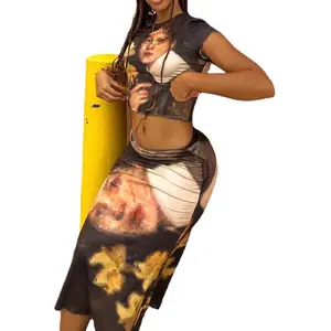 ANSZKTN Women Clothing Digital Print Head Image O Neck Crop Top Midi Half Skirt Two Piece Set outfits