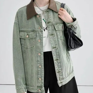 Veste verte en pur coton pour femmes OEM ODM, denim oversize décontracté vintage avec col en cuir marron <span class=keywords><strong>ciré</strong></span> style Y2K Backstreet - Product Image 1