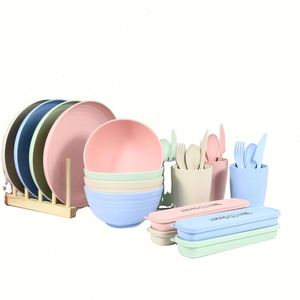 Ensemble de vaisselle de pique-nique en paille de blé écologique réutilisable et coloré pour enfants et adultes - Product Image 1