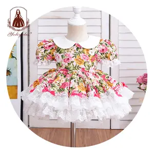 Модное платье с воротником «Питер Пэн» на 2-6 лет, одежда для принцесс с цветами, испанское платье, кружевное платье для маленьких девочек с цветами