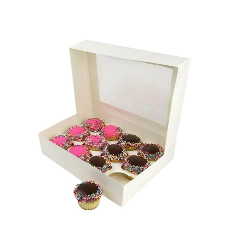 Embalaje de impresión de tamaño personalizado, caja de regalo blanca con tapa de plástico transparente, para hornear comida, dulces y postres