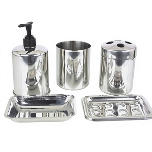 Stainless Steel Bathroom Set 5 Piece Modern Round <b>Toothbrush</b> <b>Holder</b> Soap Dispenser Tumbler Tray Easy To Clean - Product Image 1
