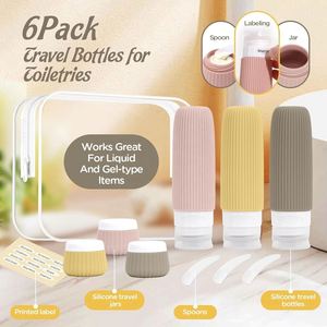 Kit de voyage de 6 flacons et pots vides en silicone compressible sans BPA avec logo personnalisé pour shampoing et articles de toilette - Product Image 2