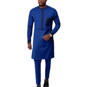 2023 primavera nuovi abiti da uomo abbigliamento etnico africano camicia e pantaloni blu musulmani set da 2 pezzi Dashiki Outfit