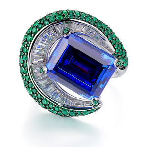 Anelli in argento sterling dal design interessante anello con gemma verde pavimentato squisito anello con intarsio di gemme blu quadrate di lusso - Product Image 2