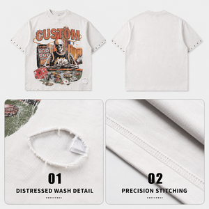 เสื้อยืดทรงโอเวอร์ไซส์ ตัดเย็บแบบครอป ทรงบ็อกซี่ ผ้าคอตตอนหนา 300GSM ลายกราฟิกประดับเพชร  แบบย้อมสีเอซิดวอช สำหรับผู้ชาย - Product Image 2
