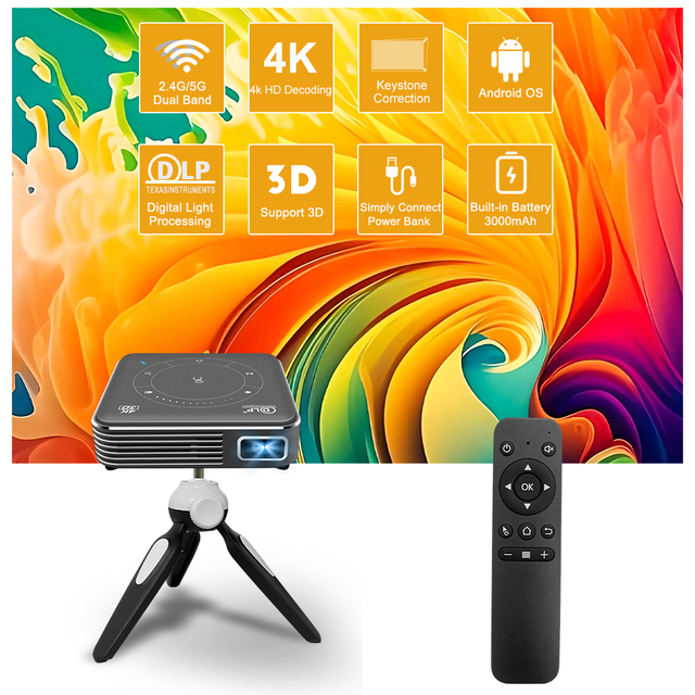 Best Sell 4K 16GB2GB P11 DLP Projector 5000mAh Battery 200 ANSI Lumens Android 9 Manual Focus Full HD 1080P Video Home Theater