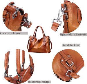 Bolso de Mano de Cuero Genuino para Mujer, Bolso Tote, Bolso de Hombro, Bolso Satchel, Bolso Hobo con Asa Superior, Cierre de Cremallera - Product Image 6