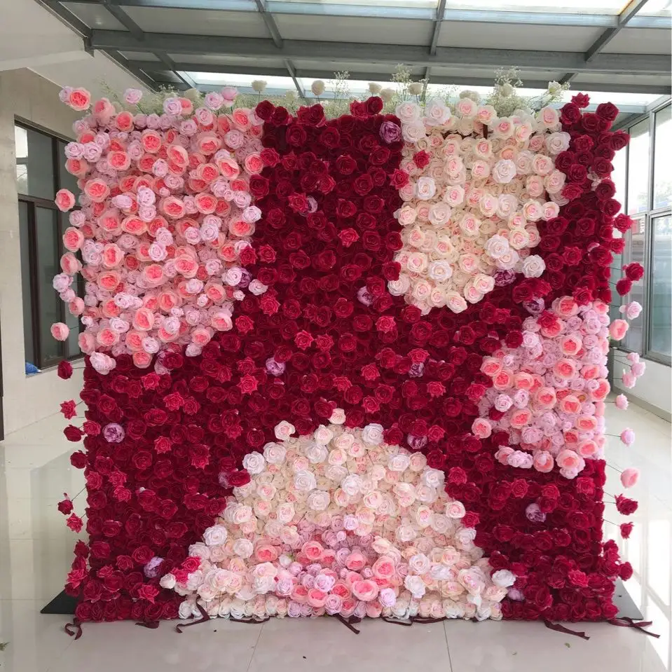 Luxuriöse echte Touch rot und weiß Hochzeit Party Veranstaltungsdekor Kulisse Rollen-Up-Hintergrund Blumen Paneel Seidenwand