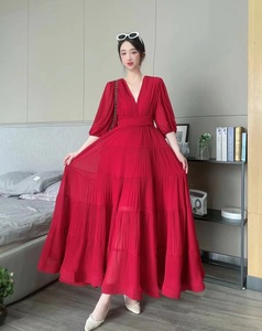 Abito Estivo Vintage Elegante da Donna in Chiffon Plissettato con Scollo a V Sovrapposto e Vita Alta, Antistatico, per Vacanze al Mare - Product Image 6