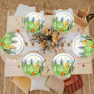 One Happy Camper 7-Inch <b>Disposal</b> Paper <b>Plate</b> for 1st Birthday Parties FDA Approved 350gsm White Board Camping Party Supplies - Product Image 4