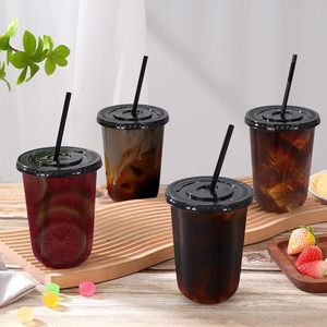 Gobelets jetables noirs 12oz 16oz pour café glacé, fond rond, avec logo personnalisé, en plastique noir avec couvercle et paille - Product Image 3