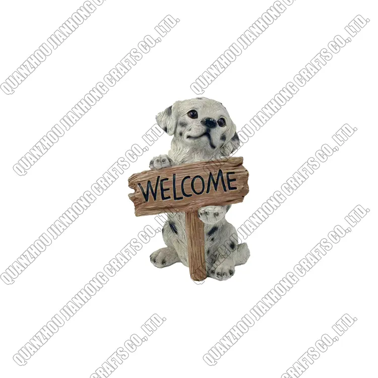 Venda quente estatuetas de resina de animais bonitos sinal de boas-vindas estátua de decoração de cachorro de jardim