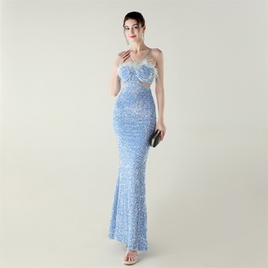 33667 # abito da sera fatto a mano a sirena/a-line con fondo in velluto e perline <span class=keywords><strong>Haute</strong></span> <span class=keywords><strong>Couture</strong></span> con piume di struzzo lungo fino al pavimento per feste - Product Image 2