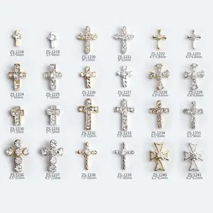 Luxury Cross Nail Art Charms Gold and Silver Mix Metal Rivet Christian Cross Gemstones Nail Art Jewels Decal