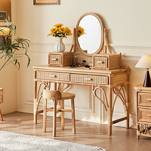 Foshan Hotel Home Furniture Square Woven Natural <strong>Rattan</strong> Bedroom <strong>Table</strong> and Chair Sets <strong>Dressing</strong> <strong>Table</strong> with Mirror Wood Dresser - Product Image 1