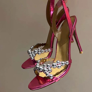 Sandales à talons aiguilles pour femmes, style mode, avec grandes perles, à bride arrière, pour l'été et les tenues habillées - Product Image 1