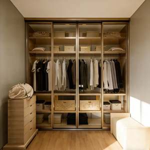 Modern Luxury Open Wooden Walk in Closet With Sliding Glass Doors Modular Solid Wood Wardrobe Storage System - Product Image 1