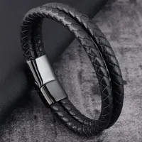 PVD Noir Fermoir Magnétique Double Couche Bracelet En Cuir Tressé Charms Bracelet En Cuir Véritable Main Bijoux Pour Hommes OT-098