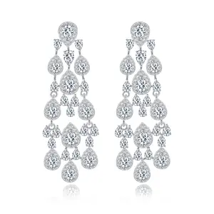 Sparkling Teardrop CZ Chandelier Earrings Dangle Women Silver Plated Cubic Zirconia Long Drop Earrings for Brides Wedding Party