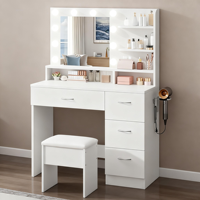 Coiffeuse et table de maquillage blanche moderne avec miroir LED style Hollywood et 4 tiroirs de rangement pour chambre à coucher