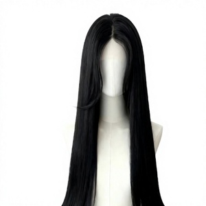 Premium Jet Black <b>Long</b> Straight Synthetic <b>Wig</b> Middle Part Machine Made Glueless Everyday Wear Fiber <b>Wig</b> - Product Image 1