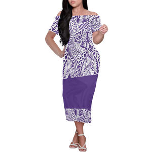 Robes Maxi imprimées de <span class=keywords><strong>tatouage</strong></span> tribal traditionnel polynésien robe à manches courtes d'été robe violette à épaules dénudées pour les femmes POD - Product Image 1