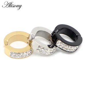 Alisouy 2PC Cute Crystal Zircon Small Circle Round Hoop Earrings For Women Men Stainless Steel Ear Cuff Brincos Huggie Jewelry