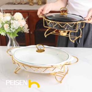 Nouvelle casserole en céramique ovale dorée de style européen avec support en fer Pot à soupe élégant pour buffet - Product Image 2