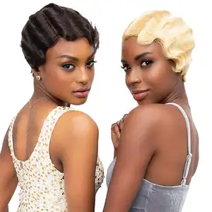 YBR parmak dalga peruk siyah kadınlar için kısa kıvırcık insan saçı makine yapımı peruk brezilyalı İnsan saç kısa peri kesim moda stil