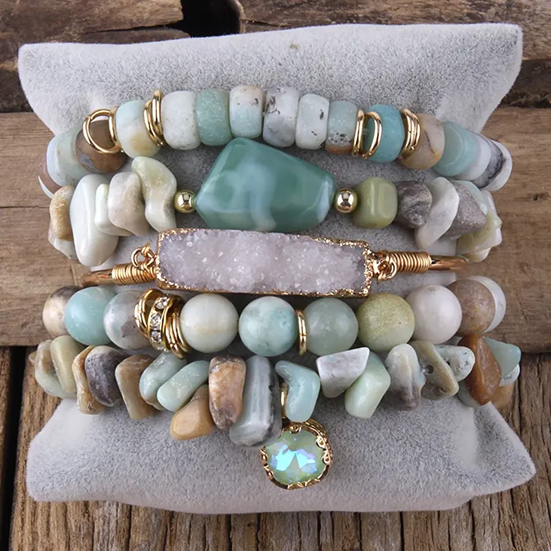 Nieuwe Mooie Elastische 5Pc Sieraden Natuursteen Grind Armband Druzy Bangle Drop Cross Hanger Stack Armbanden Set