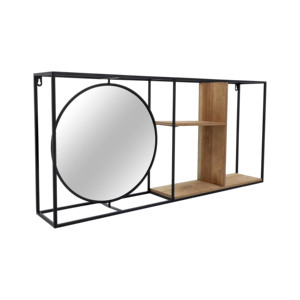 Estante rectangular de pared con espejo redondo, organizador de almacenamiento de madera para entrada, baño o sala de estar - Product Image 6