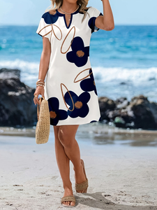 Abito Elegante Plus-Size da Donna con Scollo a V e Stampa Floreale, Gonna a Taglio Dritto, Ideale per Vacanze al Mare, Casual, Lavabile in Lavatrice - Product Image 3