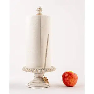 Rustic Style Design Whitewashed Wood Beaded Pedestal Paper Towel Holder Roll Dispenser For Kitchen Countertop Dining Table