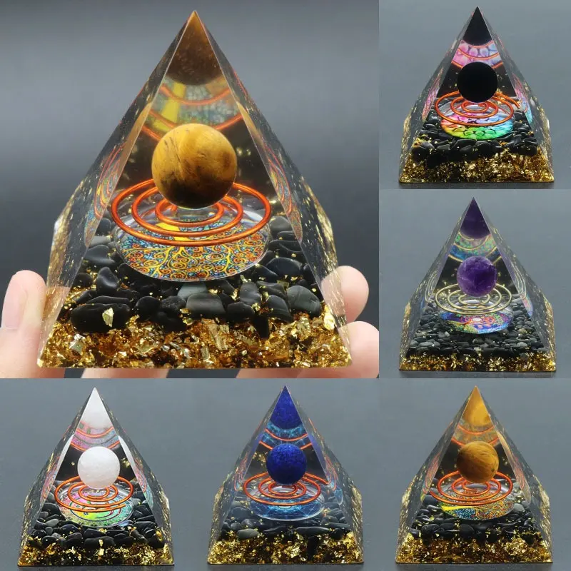 6cm Großhandel Kristall Energie Pyramide Heilung Reiki Meditation 7 Chakra Orgonit Orgon Pyramiden Metall Basis