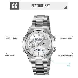SKMEI นาฬิกาข้อมือดิจิทัลกันน้ำสำหรับผู้ชาย, นาฬิกาสแตนเลสสตีลมี3เวลาด้าน<span class=keywords><strong>หลัง</strong></span>มีไฟ<span class=keywords><strong>นับ</strong></span>ถอย<span class=keywords><strong>หลัง</strong></span>นาฬิกาควอทซ์สปอร์ตสำหรับผู้ชาย - Product Image 5