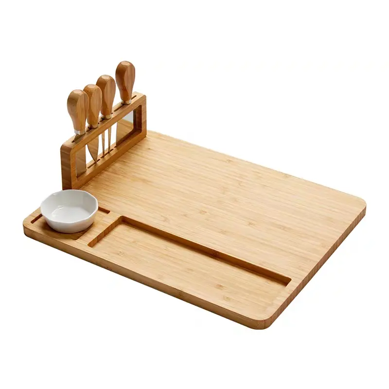 Placa de corte de bambu, conjunto de faca de talheres de bambu placa de corte durável e bloco de açougueiro