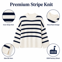 Pull en tricot rayé à col montant pour femme, coupe ample, épaules tombantes, manches longues, fentes latérales, pour l'automne et l'hiver
